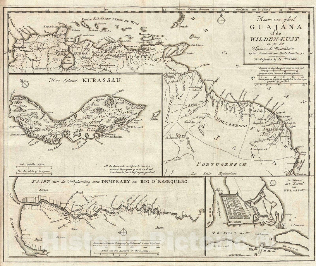 Historic Map : Guiana, Venezuela, and Curacao, Tirion, 1767, Vintage Wall Art