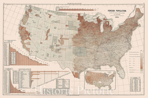 Historic Map : The United States Illustrating Immigrant Population, Scribner's, 1883, Vintage Wall Art