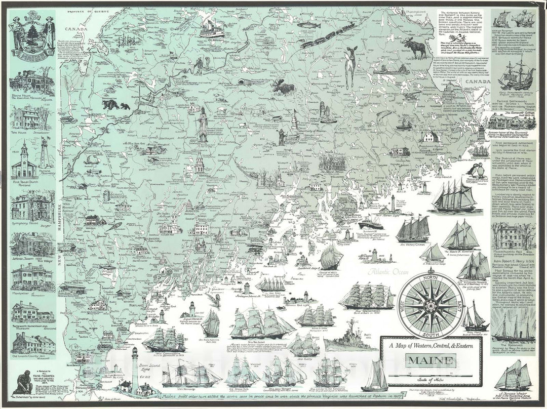 Historic Map : Lepper Pictorial Map of Southern Maine, 1952, Vintage Wall Art