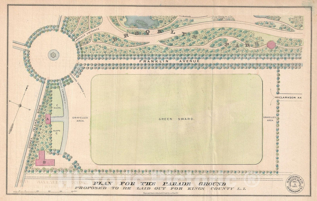 Historic Map : The Prospect Park Parade Grounds, Brooklyn, New York, Vaux and Olmstead's, 1868, Vintage Wall Art