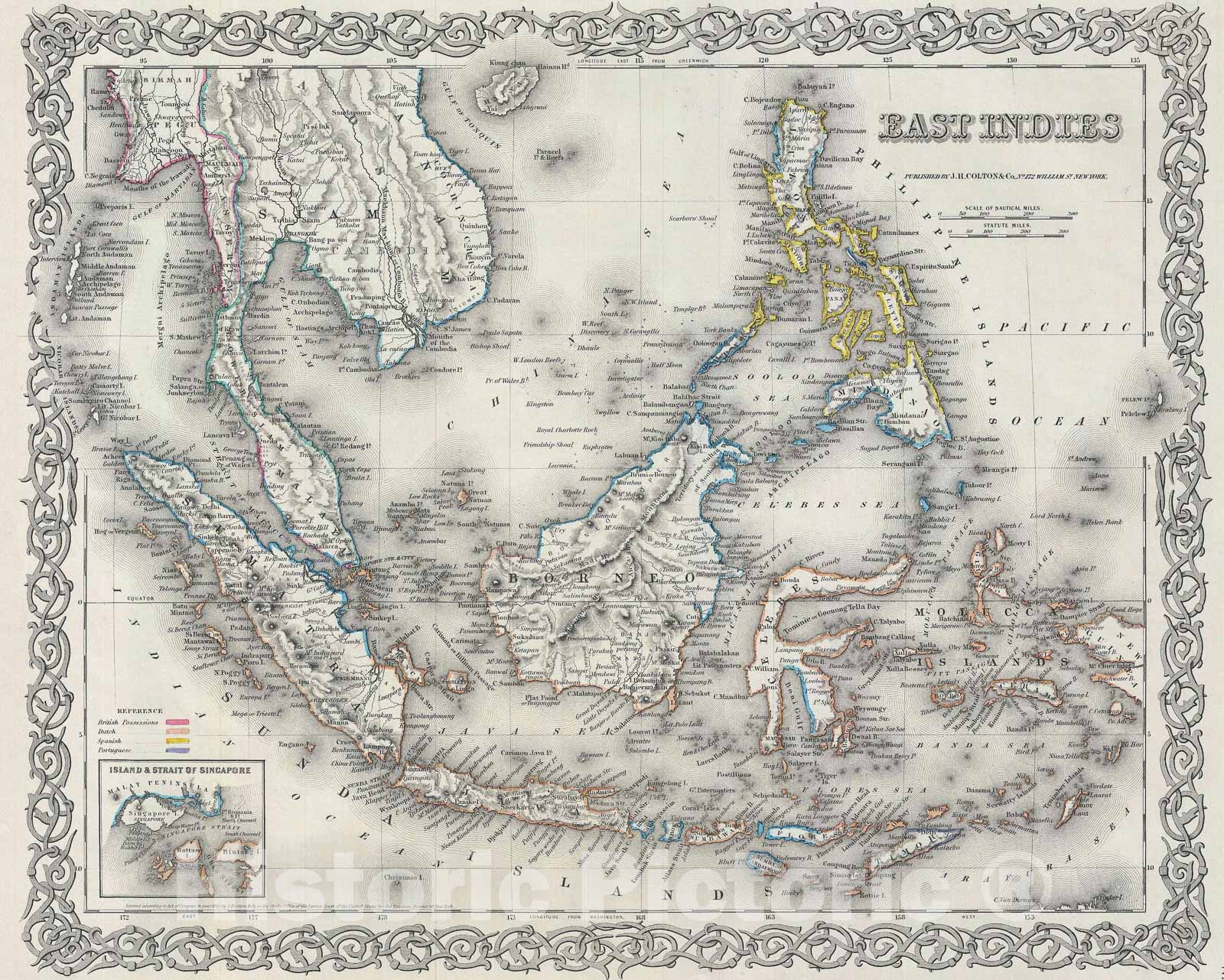 Historic Map : The East Indies "Singapore, Thailand, Borneo, Malaysia", Colton, 1856, Vintage Wall Art