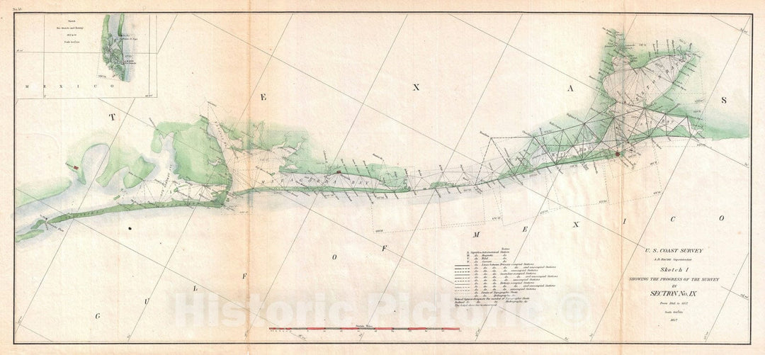 Historic Map : U.S. Coast Survey Triangulation Map of Matagorda Bay to Galveston Bay, Texas, 1857, Vintage Wall Art