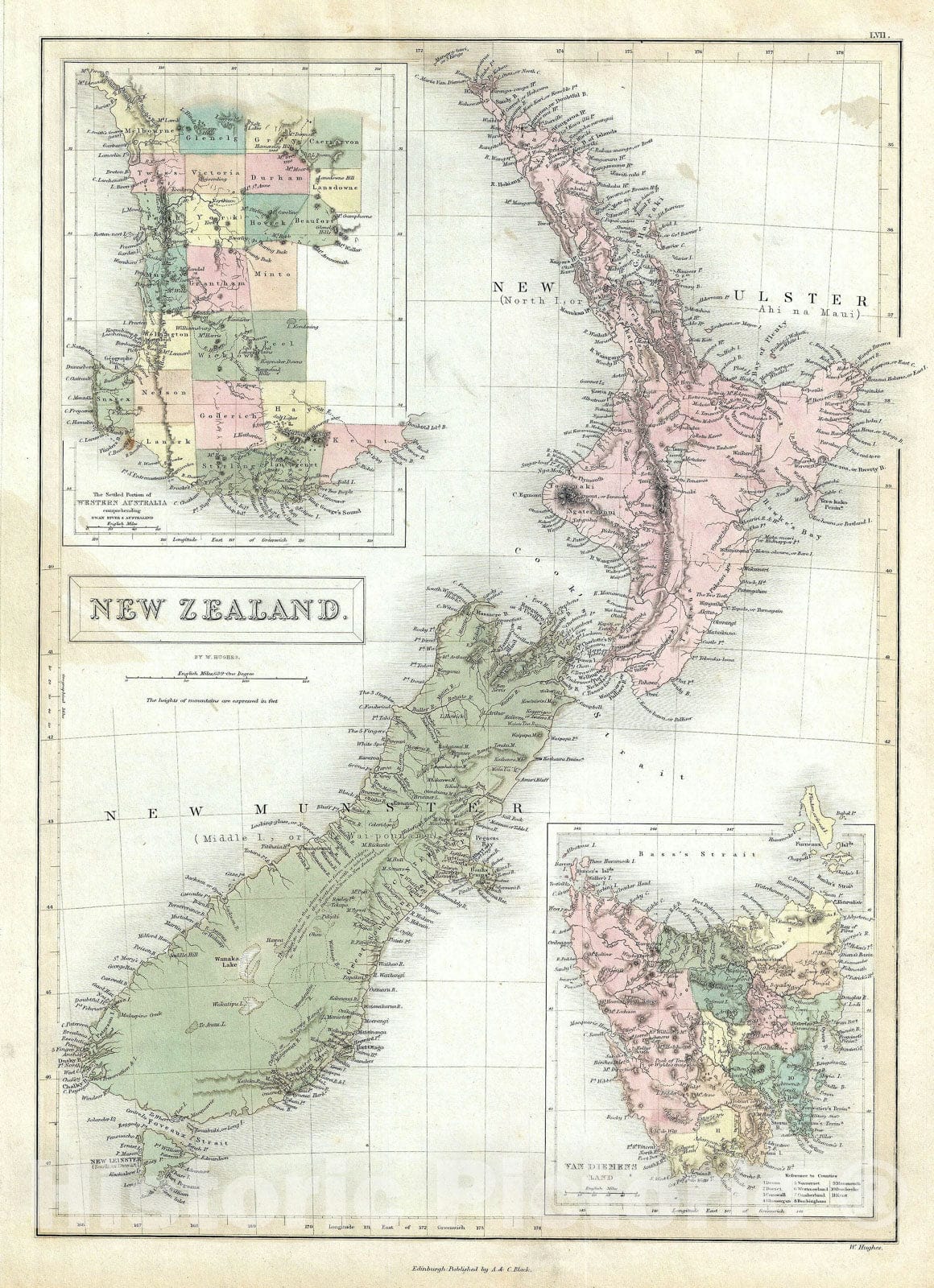 Historic Map : New Zealand, Black, 1851, Vintage Wall Art