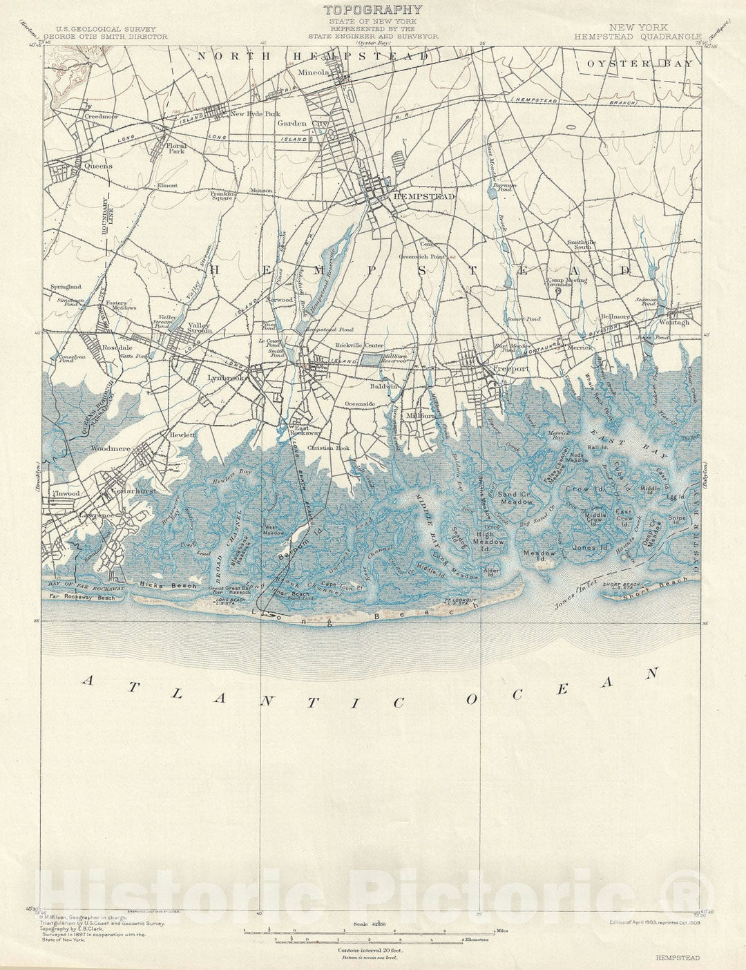 Historic Map : Hempstead, Long Beach, Long Island, New York, U.S.G.S., 1900, Vintage Wall Art