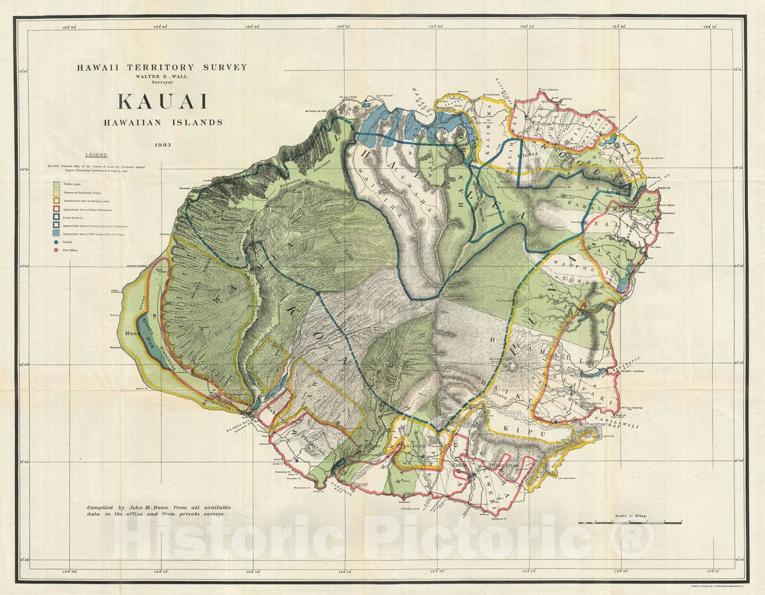 Historic Map : The Island of Kauai, Hawaii, Land Office, 1902, Vintage Wall Art