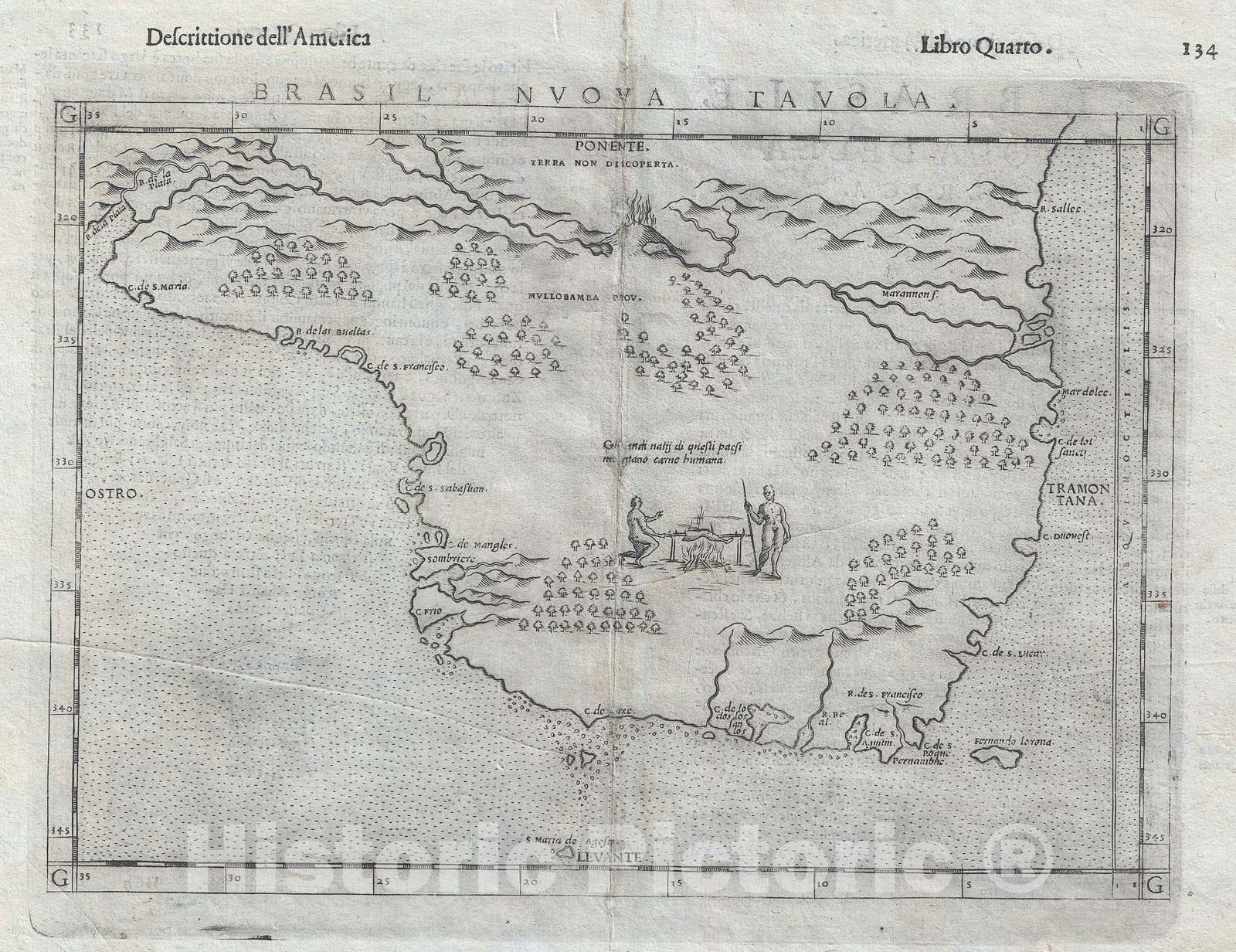 Historic Map : Brazil showing Cannibals "one of The earliest maps of Brazil", Ruscelli, 1574, Vintage Wall Art