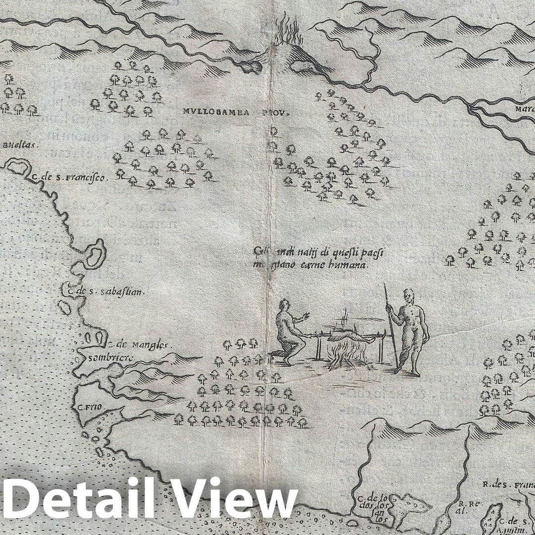 Historic Map : Brazil showing Cannibals "one of The earliest maps of Brazil", Ruscelli, 1574, Vintage Wall Art