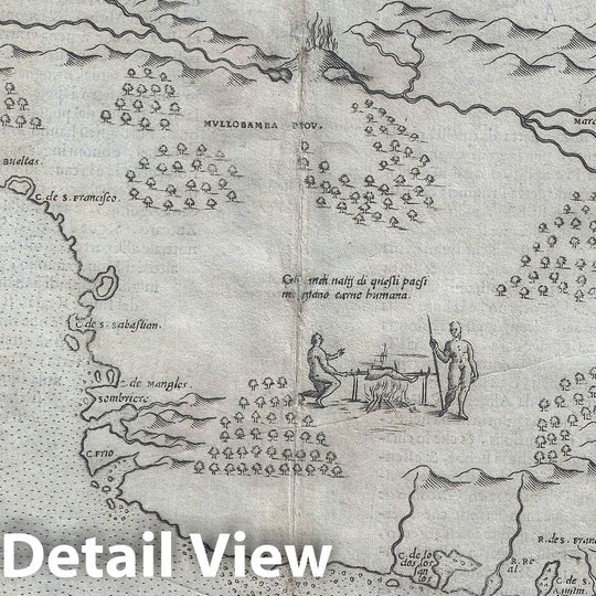 Historic Map : Brazil showing Cannibals "one of The earliest maps of Brazil", Ruscelli, 1574, Vintage Wall Art