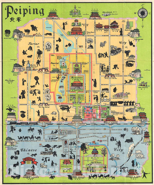 Historic Map : Pictorial Map of Peiking or Beijing, China, Sewall, 1928, Vintage Wall Art