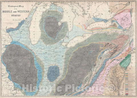 Historic Map : The Central United States, Hall Geological, 1843, Vintage Wall Art