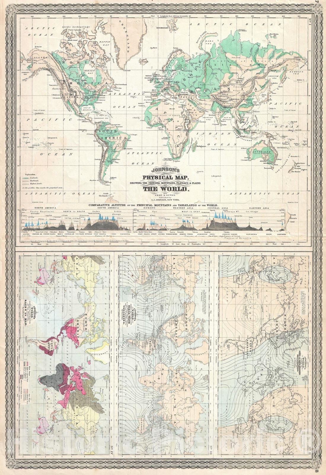 Historic Map : The World w/ Physical Map, Tidal Map, Races and Declination, Johnson Climate, 1870, Vintage Wall Art