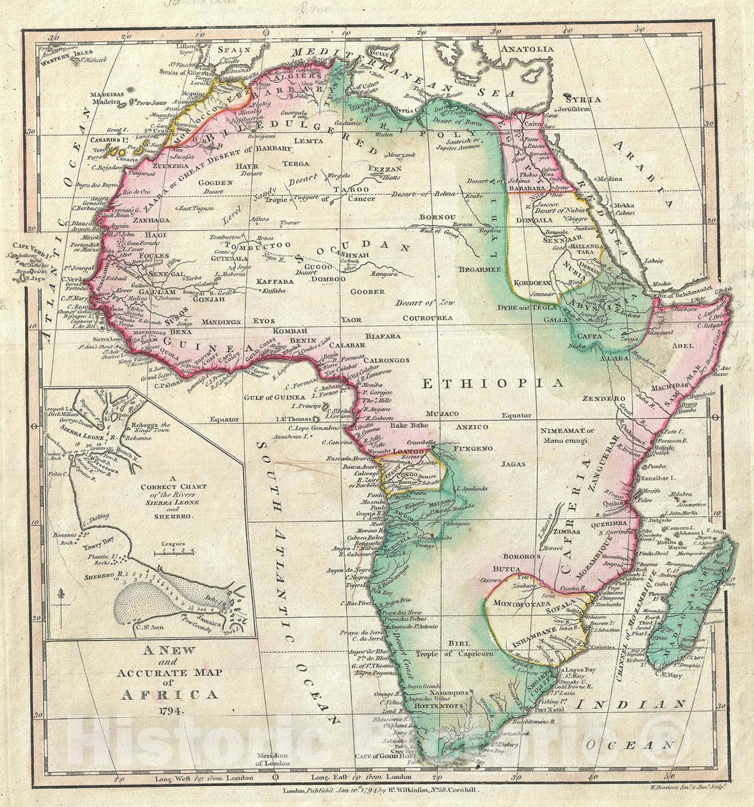 Historic Map : Africa, Wilkinson, 1794, Vintage Wall Art