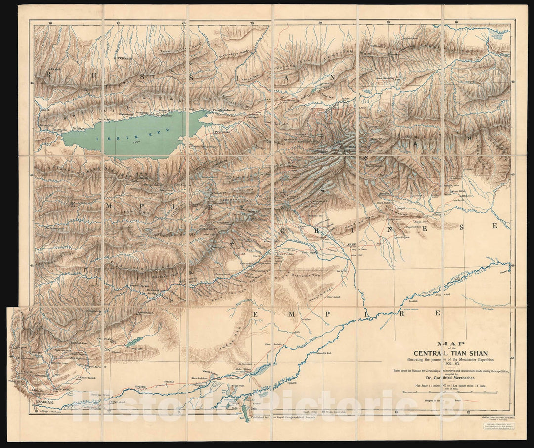 Historic Map : Central Tian Shan Mtns. "Western China and Kyrgyzstan", Merzbacher, 1905, Vintage Wall Art