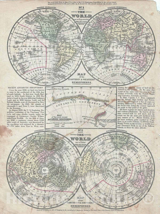 Historic Map : The World in Hemispheres "Northern, Southern, Eastern and Western", Mitchell, 1852, Vintage Wall Art