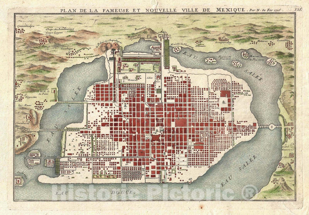 Historic Map : Plan of Mexico City, Mexico, De Fer, 1715, Vintage Wall Art