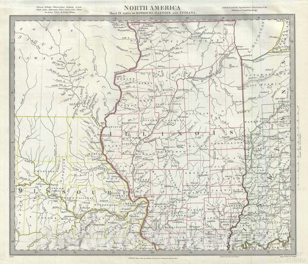 Historic Map : Missouri, Illinois, Iowa and Indiana, S.D.U.K., 1833, Vintage Wall Art