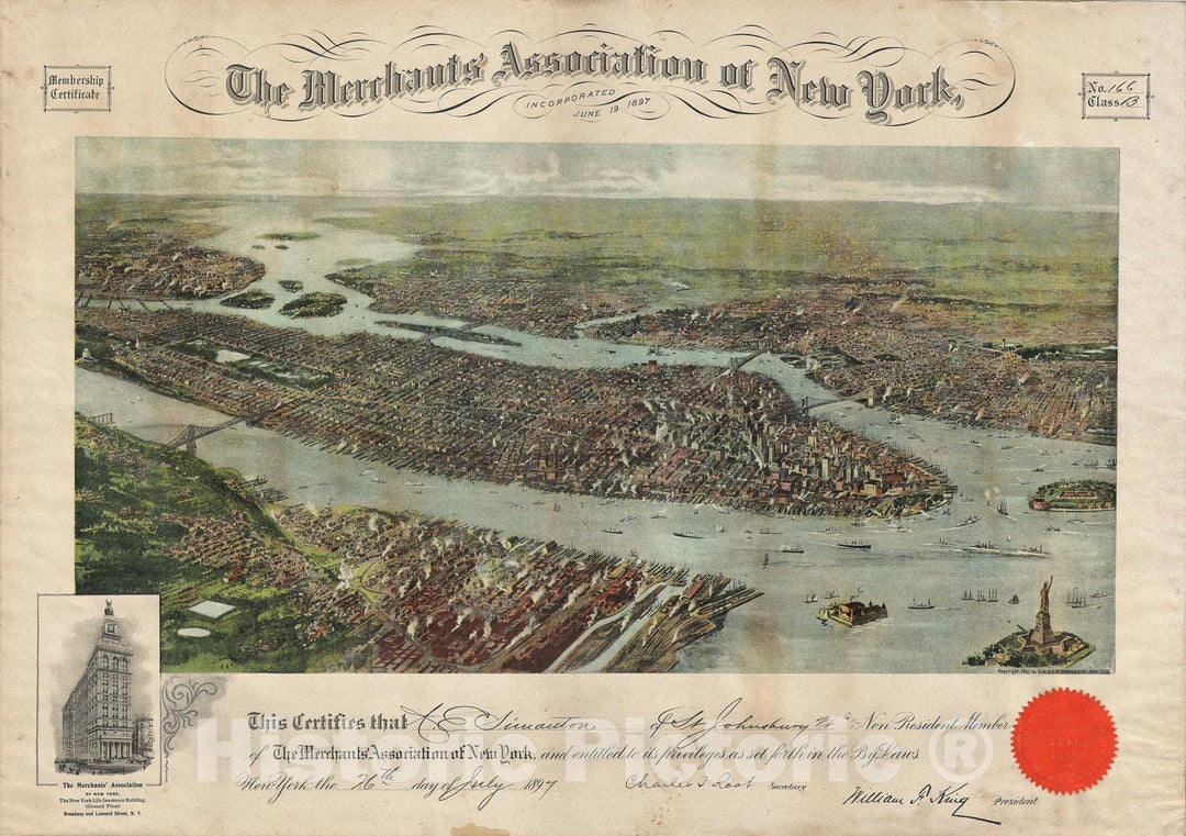 Historic Map : Merchants Association of New York Certificate and New York City View, 1897, Vintage Wall Art