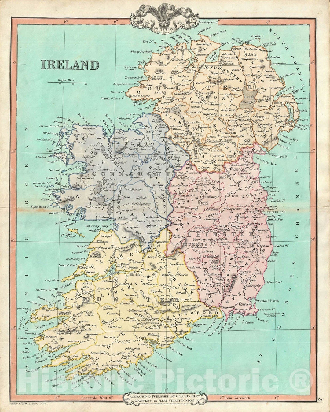 Historic Map : Ireland, Cruchley, 1850, Vintage Wall Art