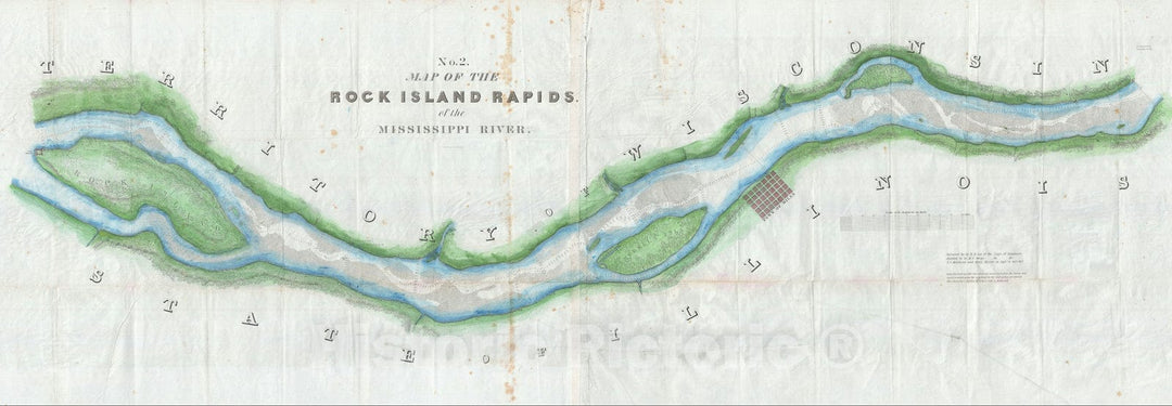 Historic Map : The Rock Island Rapids, Mississippi River, Robert E. Lee, 1837, Vintage Wall Art