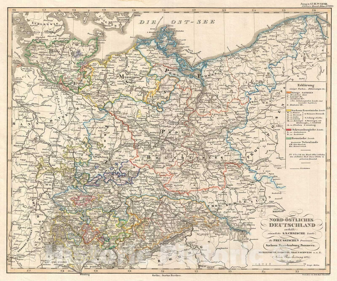 Historic Map : Northeast Germany and Prussia, Perthes, 1852, Vintage Wall Art