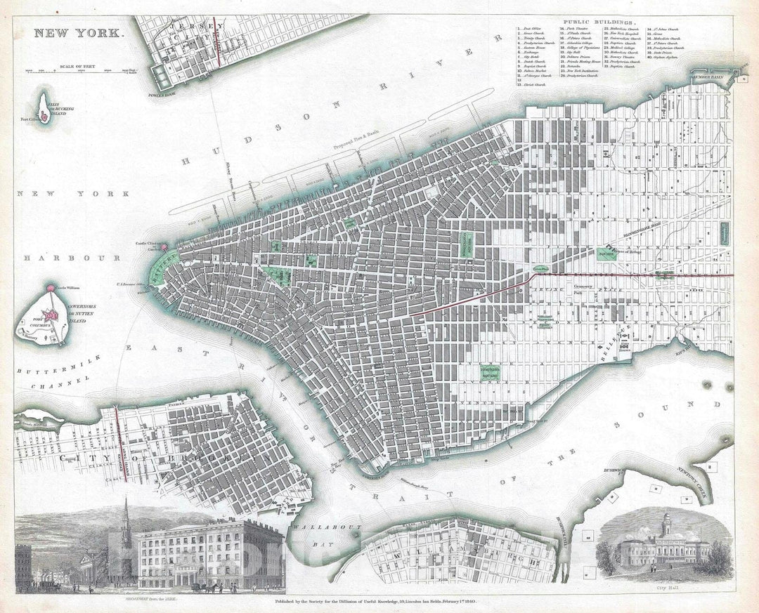 Historic Map : New York City, S.D.U.K., 1840 v2, Vintage Wall Art