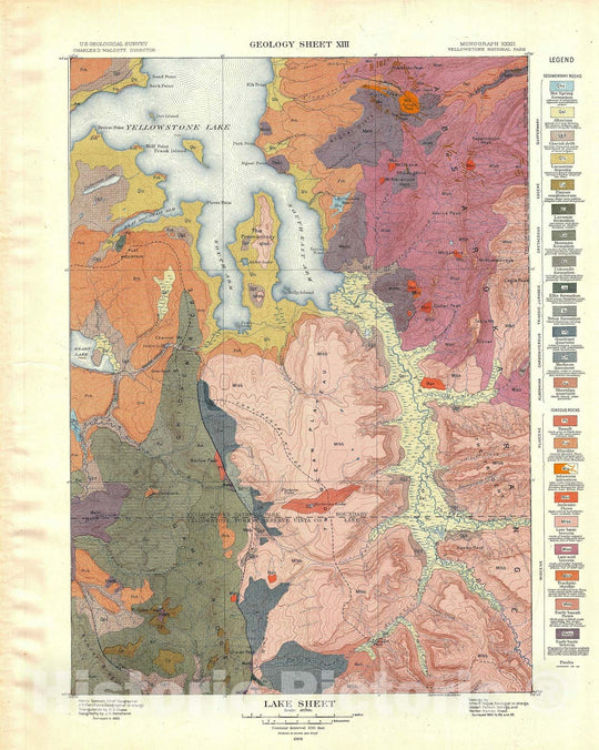 Historic Map : USGS Geologic Yellowstone Lake, Yellowstone National Park, 1904 v2, Vintage Wall Art