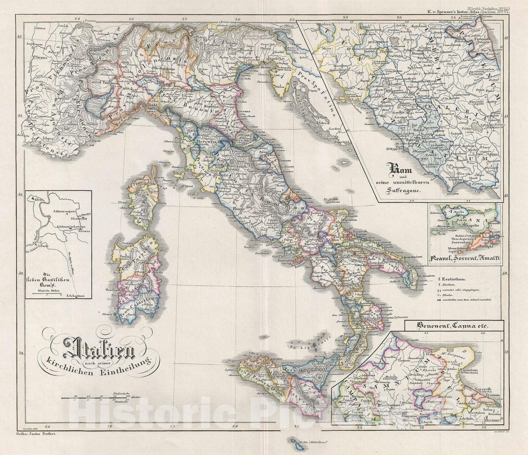 Historic Map : Italy and its Church Divisions, Spruner, 1854, Vintage Wall Art