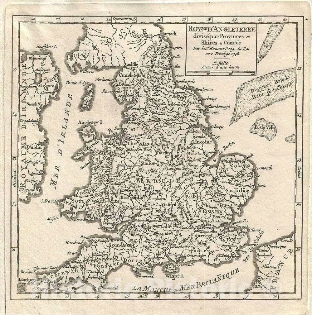 Historic Map : England and Wales, Vaugondy, 1748, Vintage Wall Art