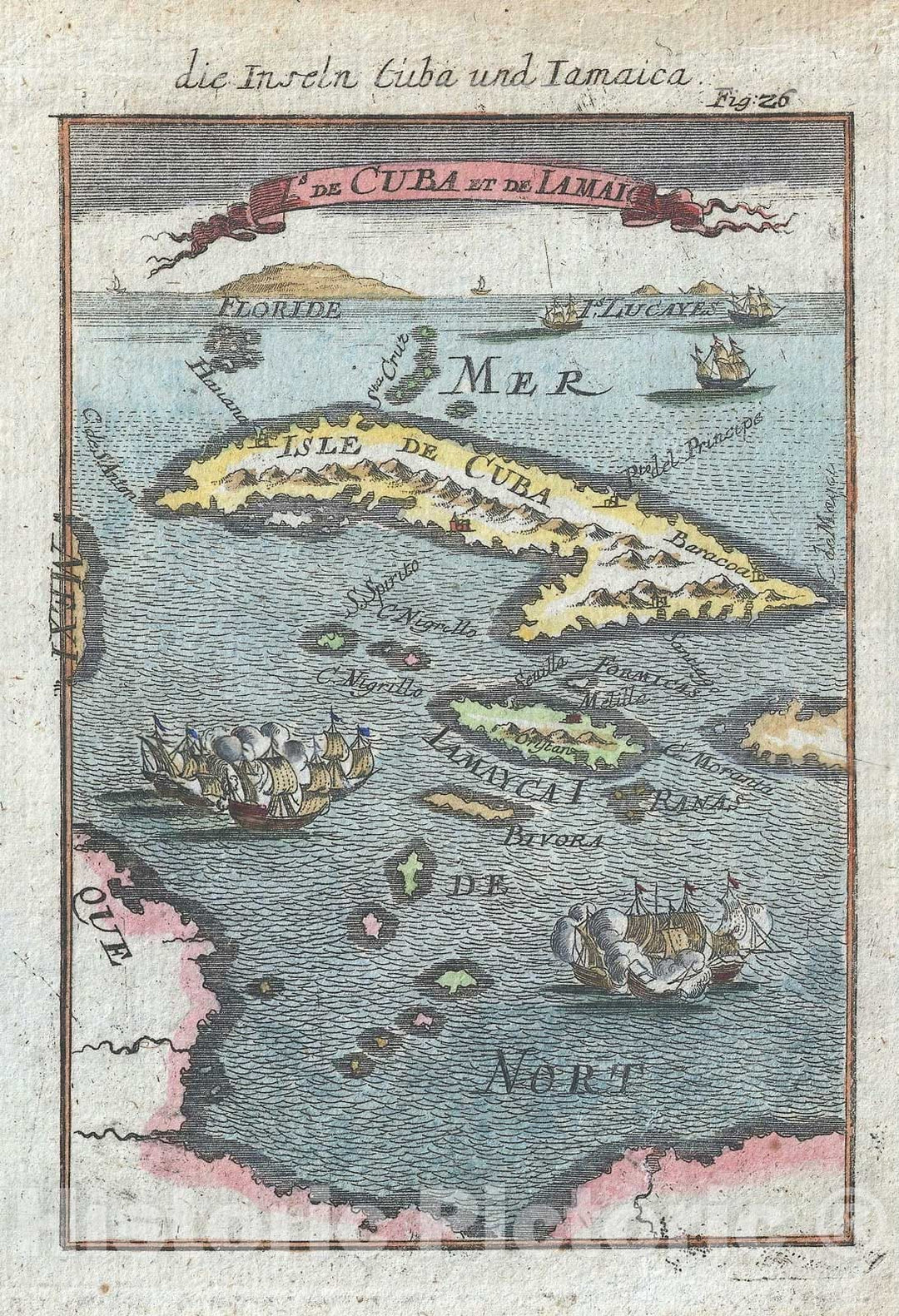 Historic Map : Cuba and Jamaica, Mallet, 1719, Vintage Wall Art