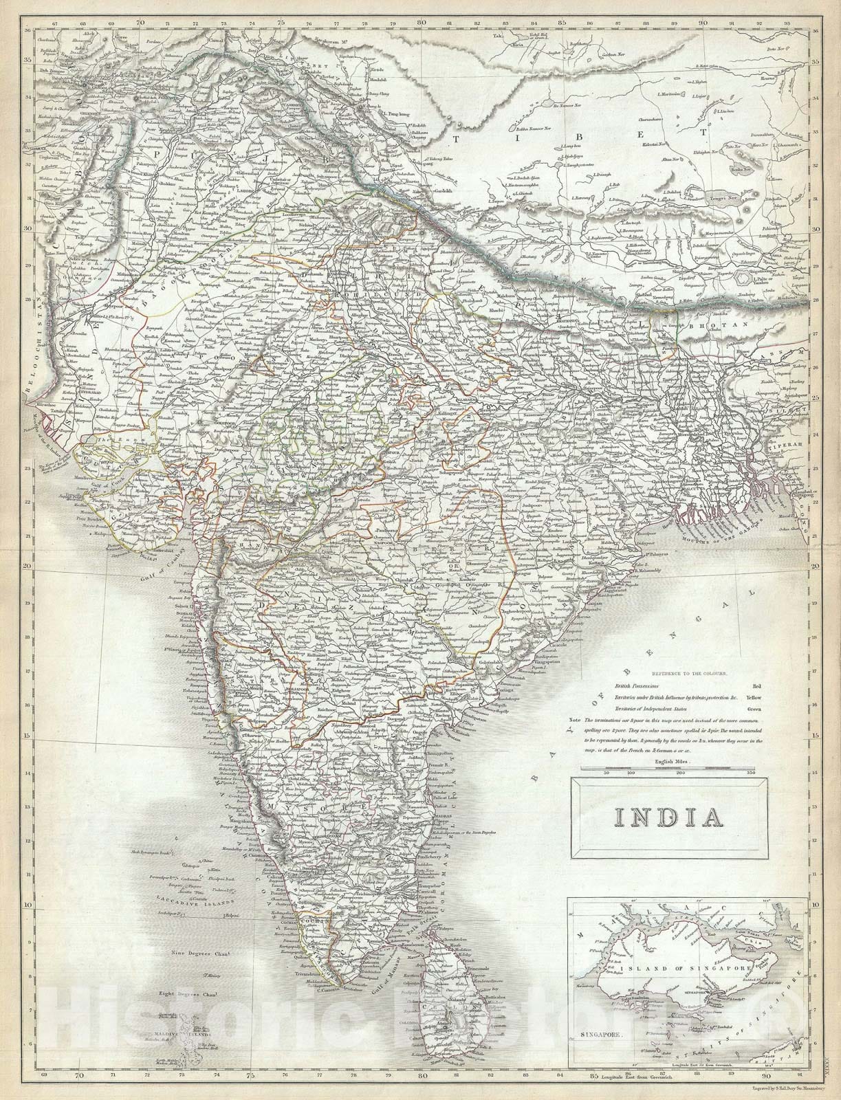 Historic Map : India and Singapore, Black, 1844, Vintage Wall Art