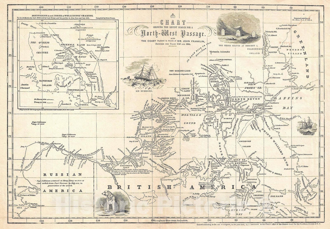 Historic Map : The North American Arctic and Search for John Franklin, Disturnell, 1854, Vintage Wall Art