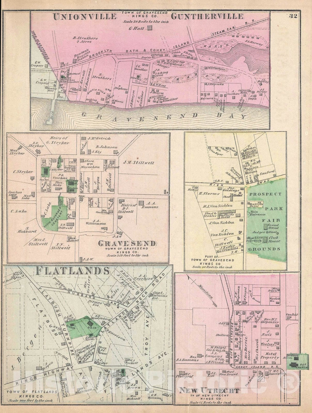 Historic Map : Gravesend, Flatlands, and New Utrecht, Brooklyn, New York, Beers, 1873, Vintage Wall Art