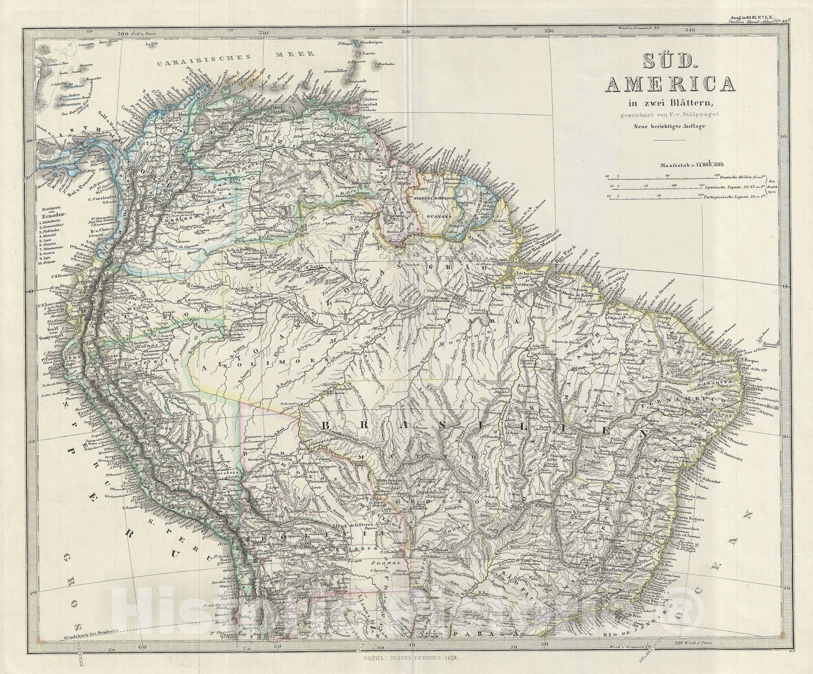 Historic Map : The Northern part of South America, Stieler, 1873, Vintage Wall Art