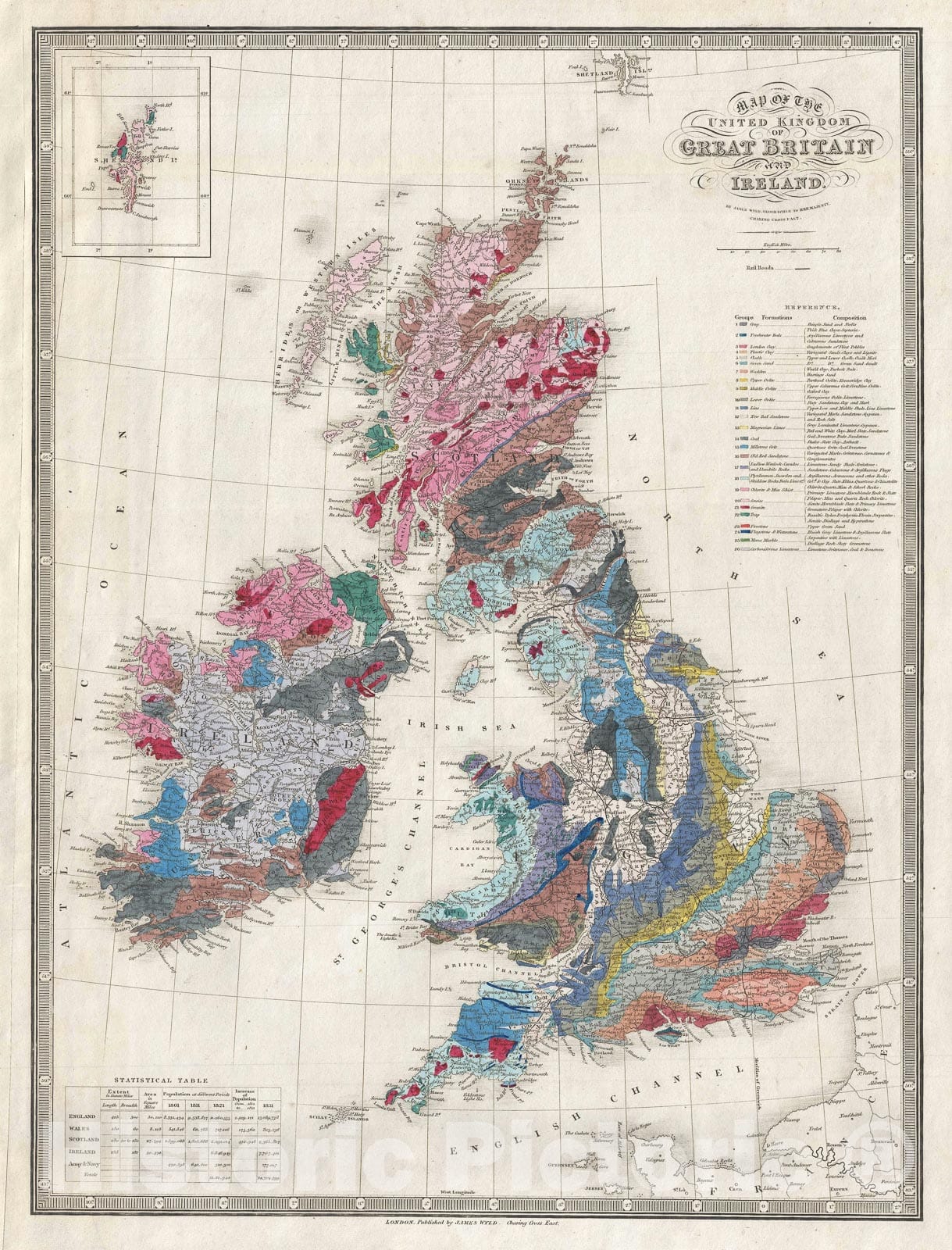 Historic Map : Great Britian "England, Ireland, Scotland", Wyld Geological, 1849, Vintage Wall Art