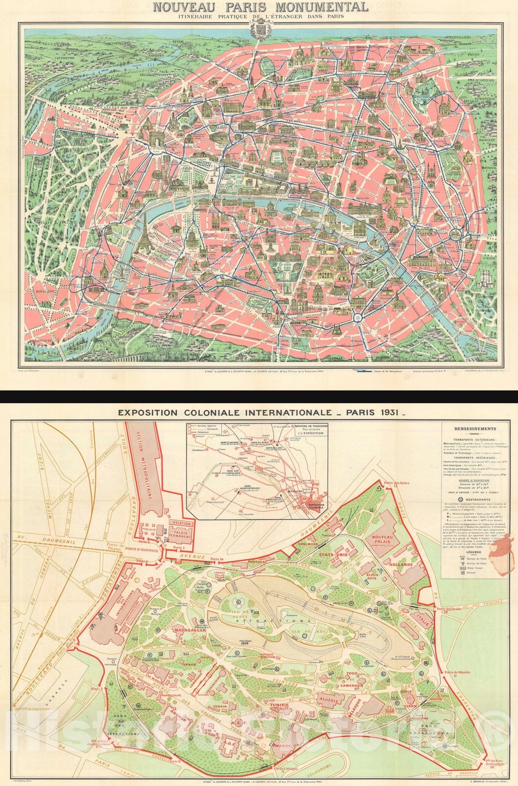 Historic Map : Pictorial Map of Paris / Map of, Leconte and Guilmin, 1931, Vintage Wall Art