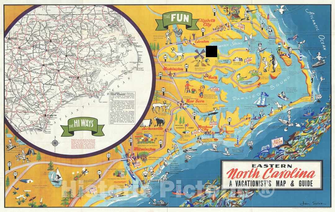 Historic Map : Sink Pictorial Map of Eastern North Carolina, 1948, Vintage Wall Art