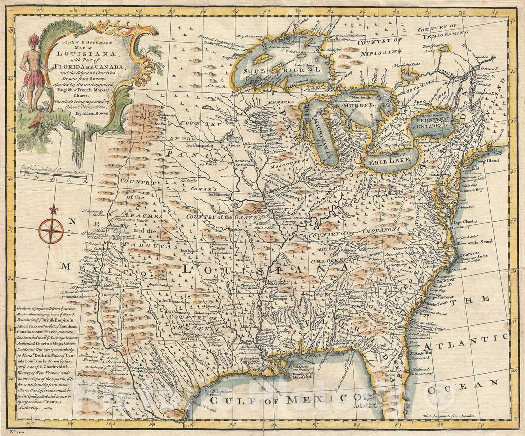 Historic Map : North America: Louisiana, New England, Florida, Canada, Bowen, 1747, Vintage Wall Art