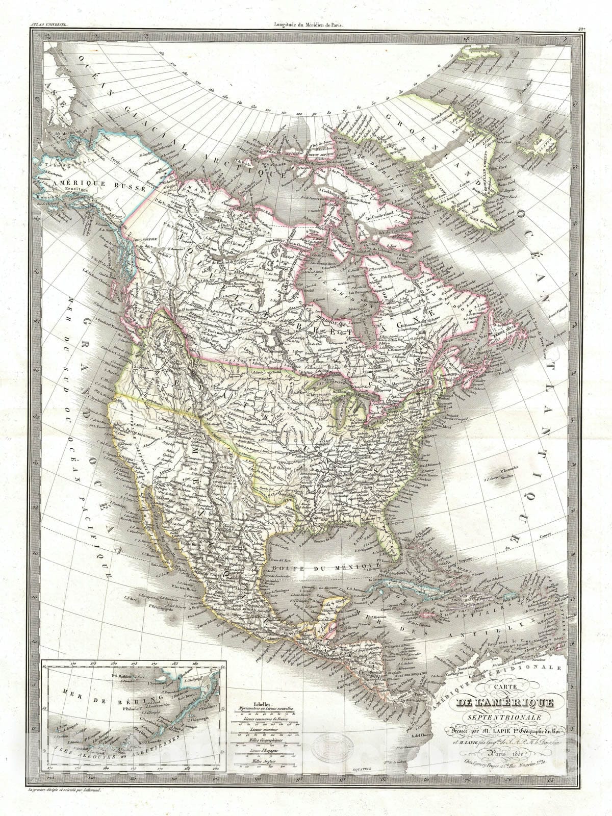 Historic Map : North America and The United States, Lapie, 1830, Vintage Wall Art