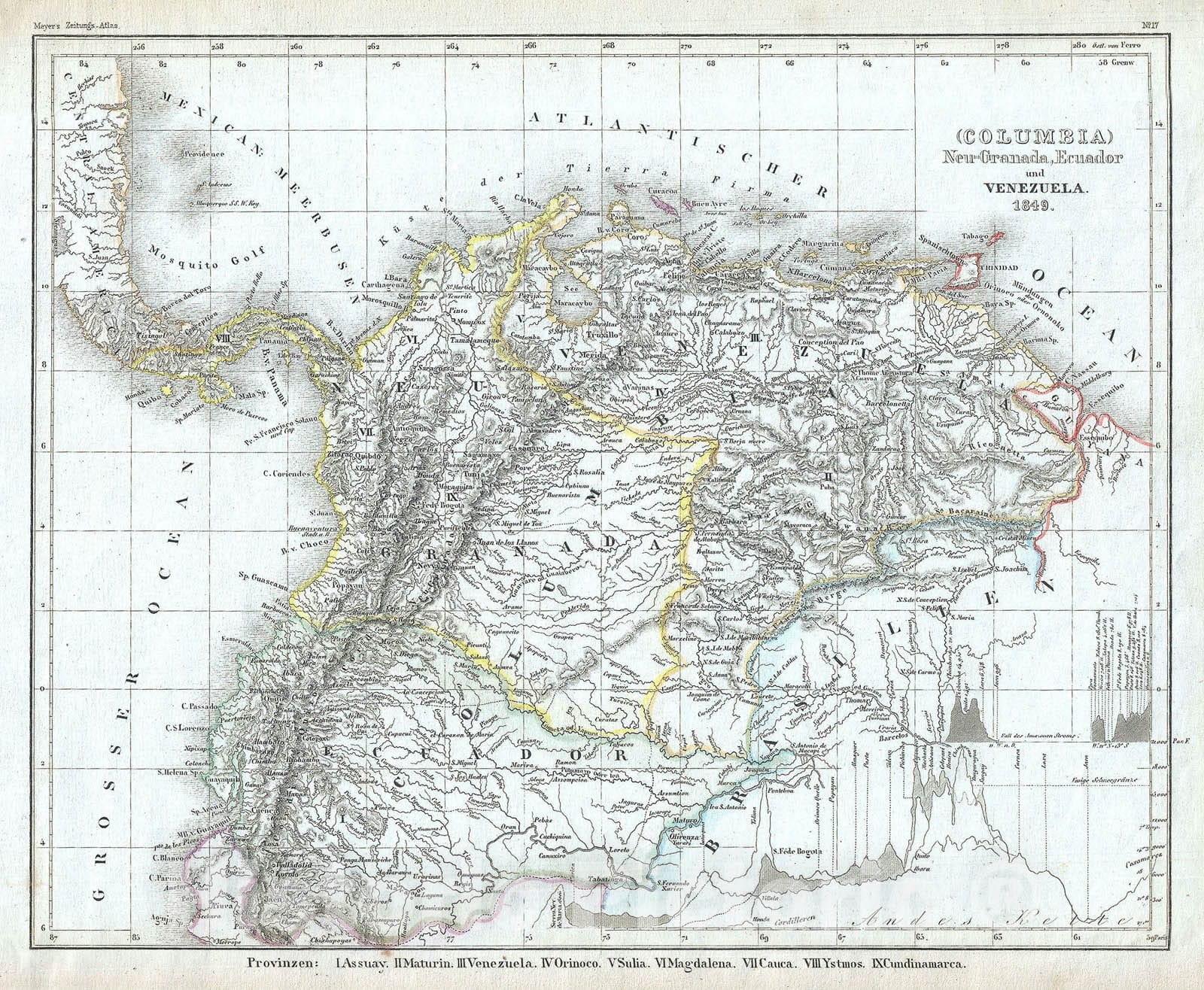 Historic Map : Venezuela, Ecuador and Colombia "New Granada", Meyer, 1849, Vintage Wall Art