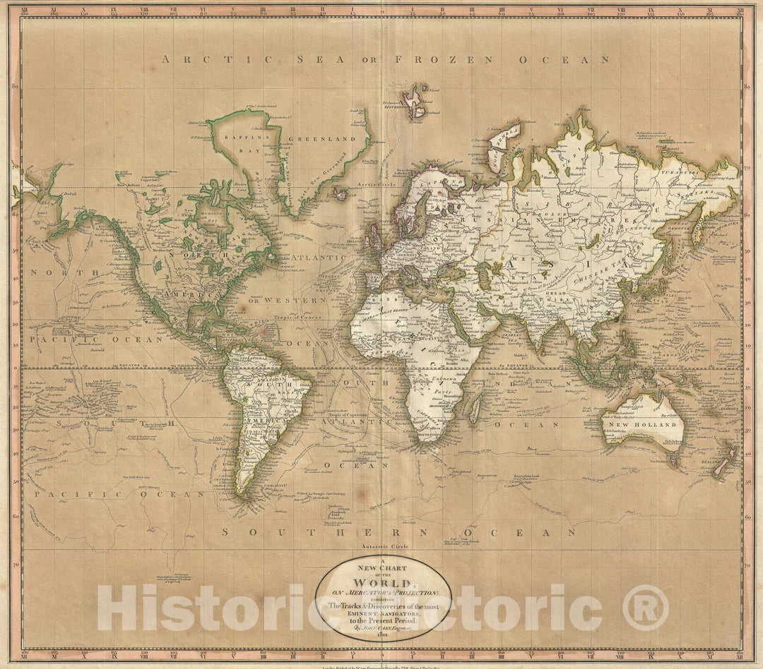 Historic Map : The World on Mercator Projection, Cary, 1801 v1, Vintage Wall Art