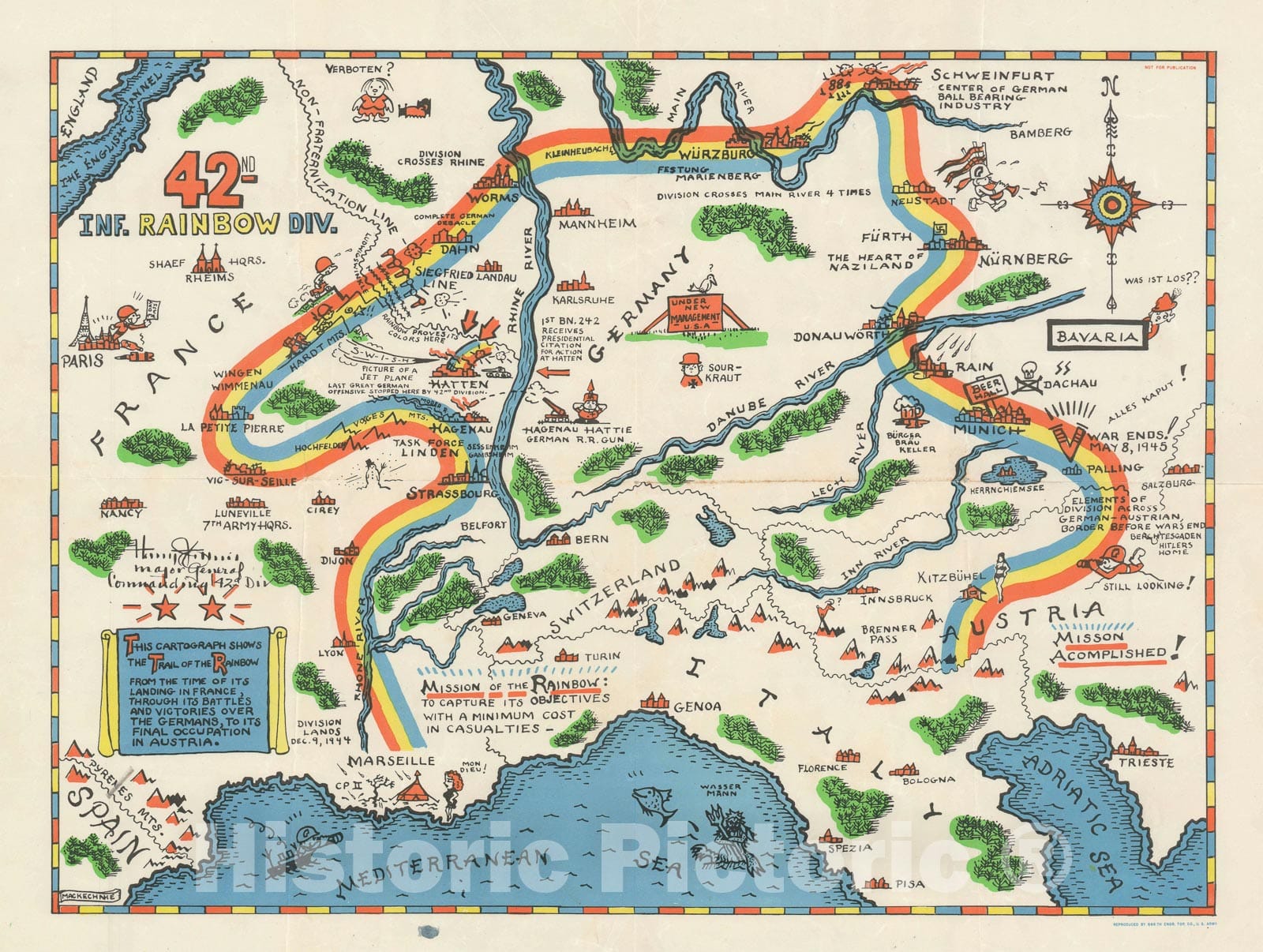 Historic Map : Pictorial Map of The 42nd Infantry Division in WWII, Mackechnie Route, 1945, Vintage Wall Art