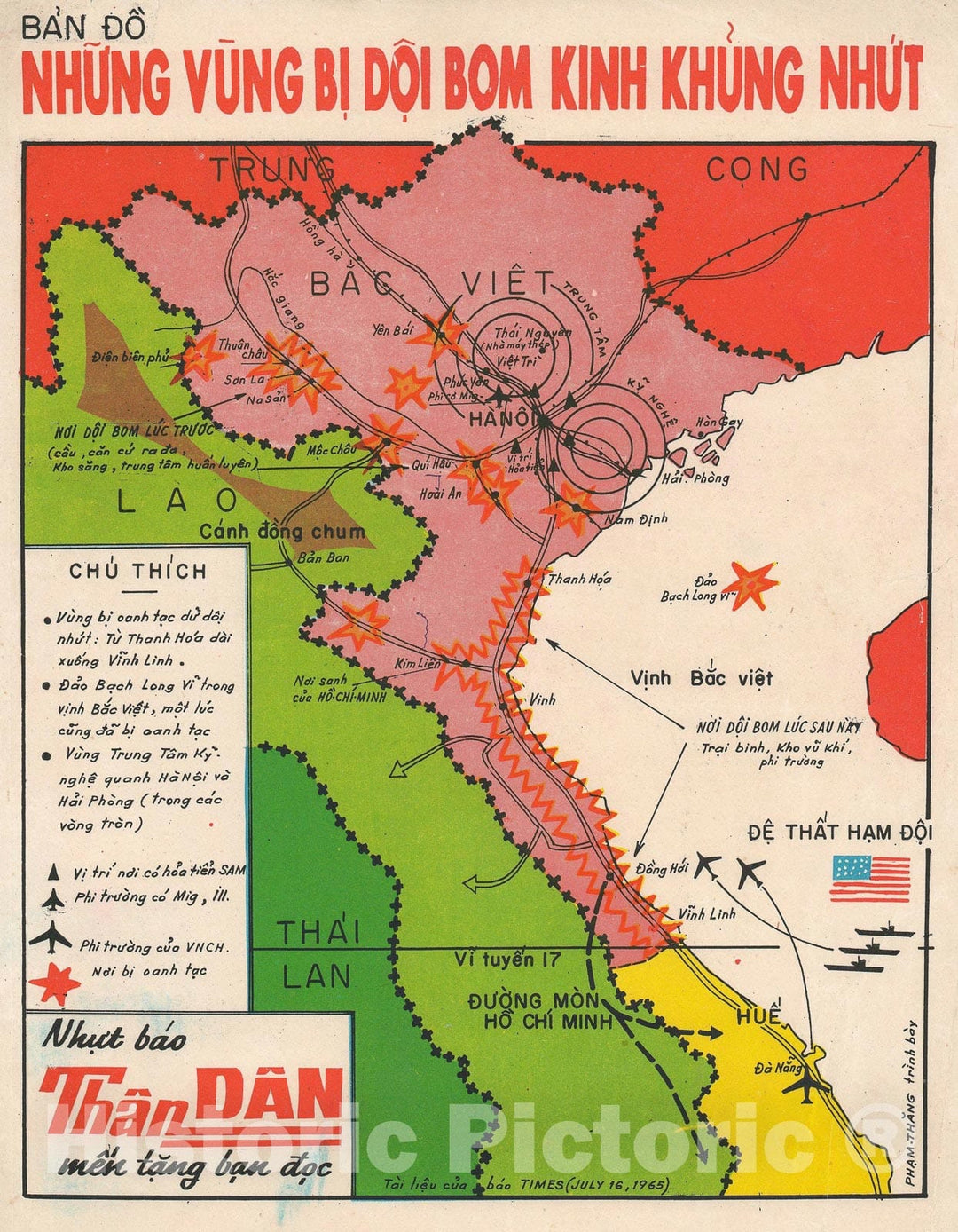 Historic Map : Bombarded Areas in North Vietnam, Vietnamese, 1965, Vintage Wall Art