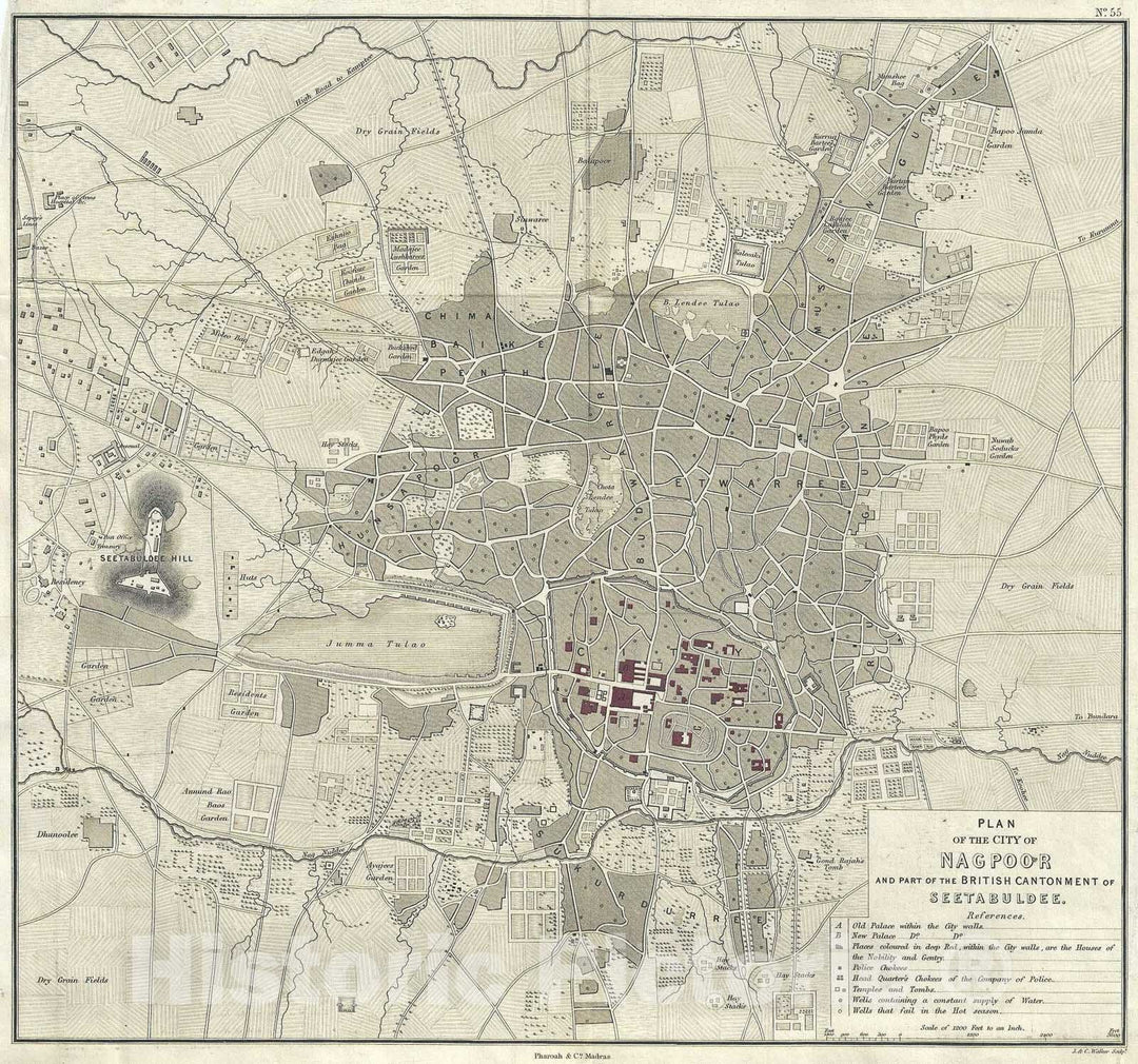 Historic Map : The City of Nagpur, Maharashtra, India, Pharoah, 1854, Vintage Wall Art