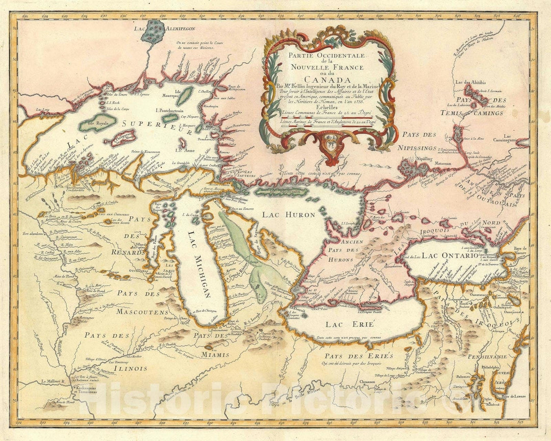 Historic Map : The Great Lakes, Homann Heirs and Bellin, 1755, Vintage Wall Art