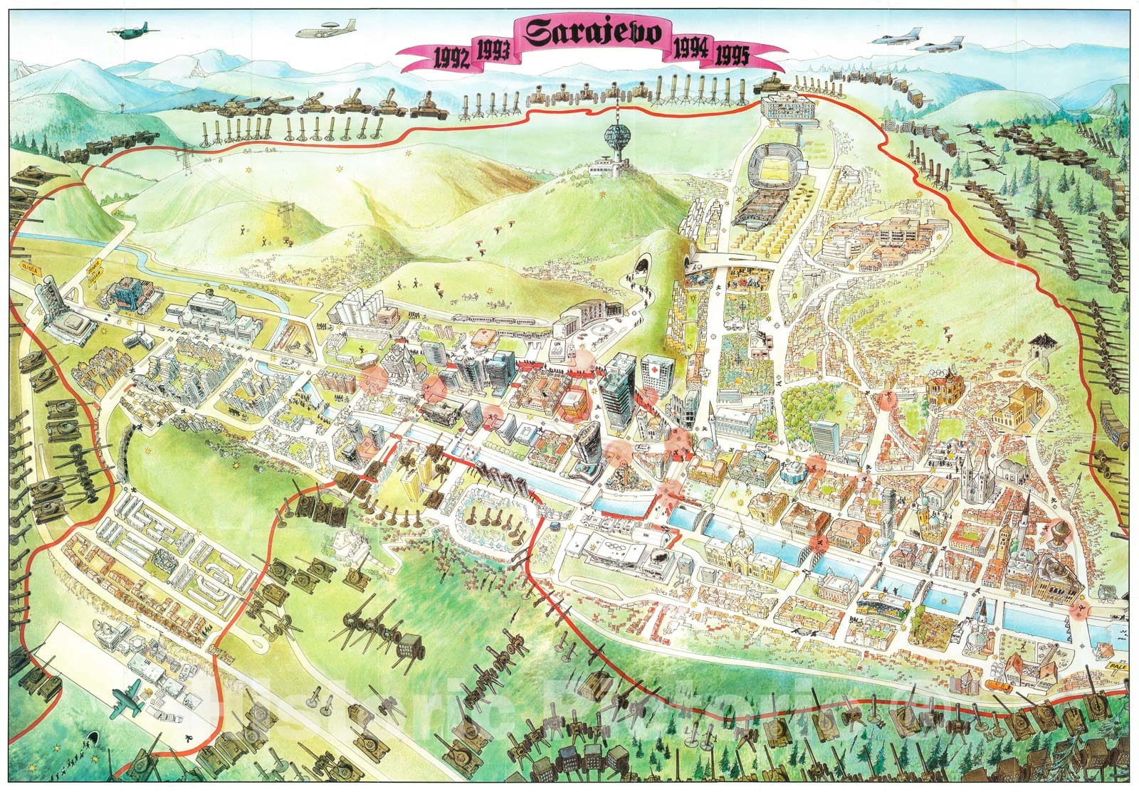 Historic Map : FAMA Pictorial Map of Sarajevo During The Siege of Sarajevo, 1996, Vintage Wall Art