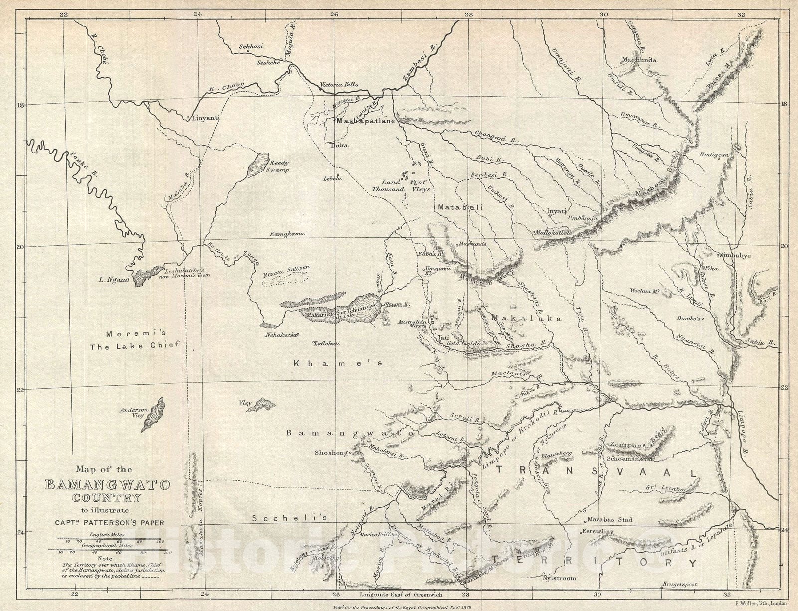 Historic Map : The Bamangwato Country, Southern Africa, Johnston, 1879, Vintage Wall Art