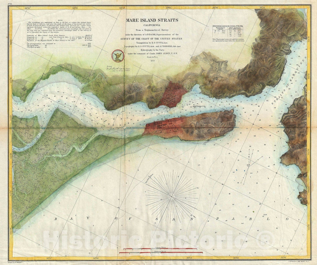 Historic Map : The Mare Island Straits, Vallejo, and The Napa River "Near San Franci, U.S. Coast Survey, 1857, Vintage Wall Art