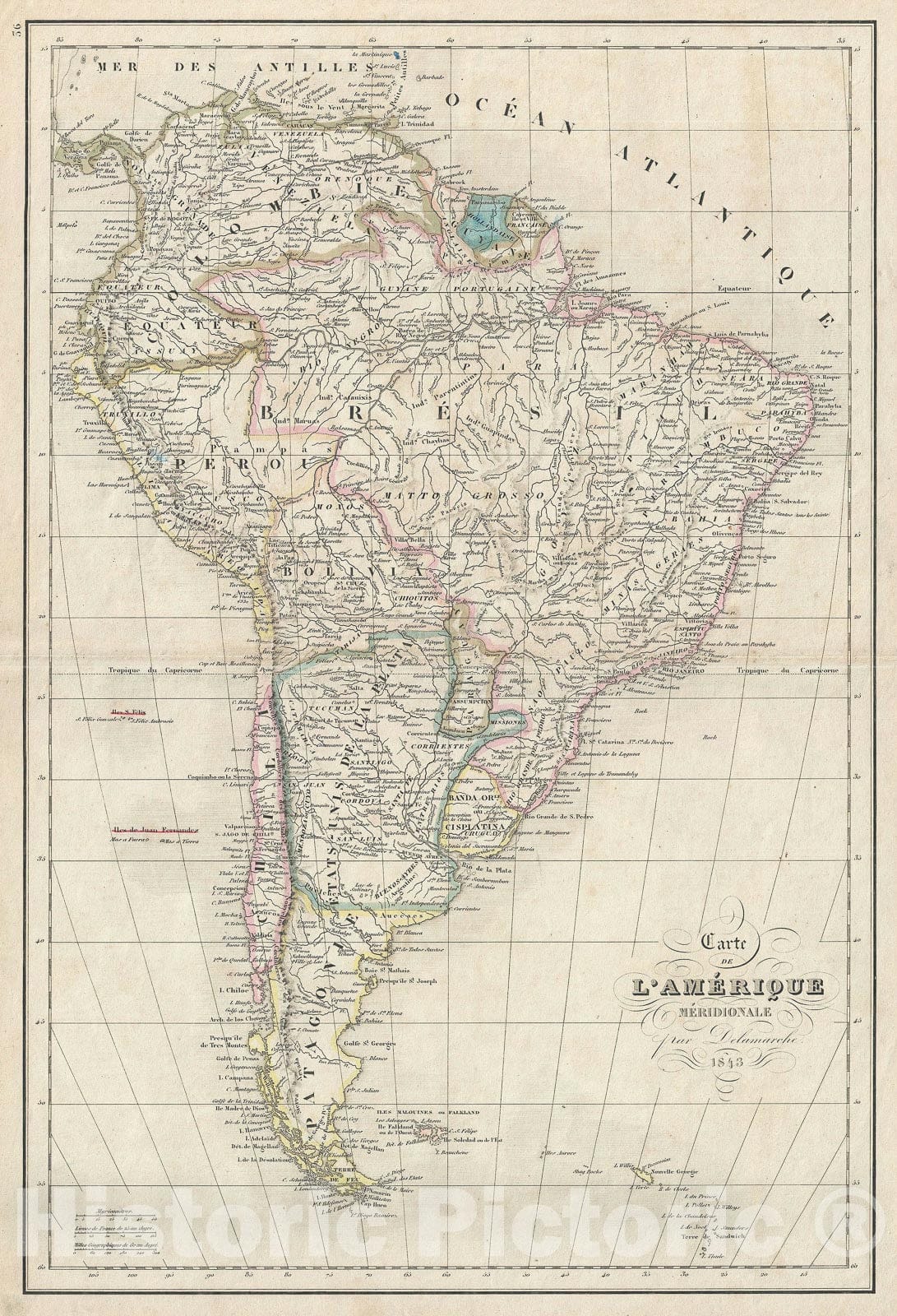 Historic Map : South America, Delamarche, 1843, Vintage Wall Art