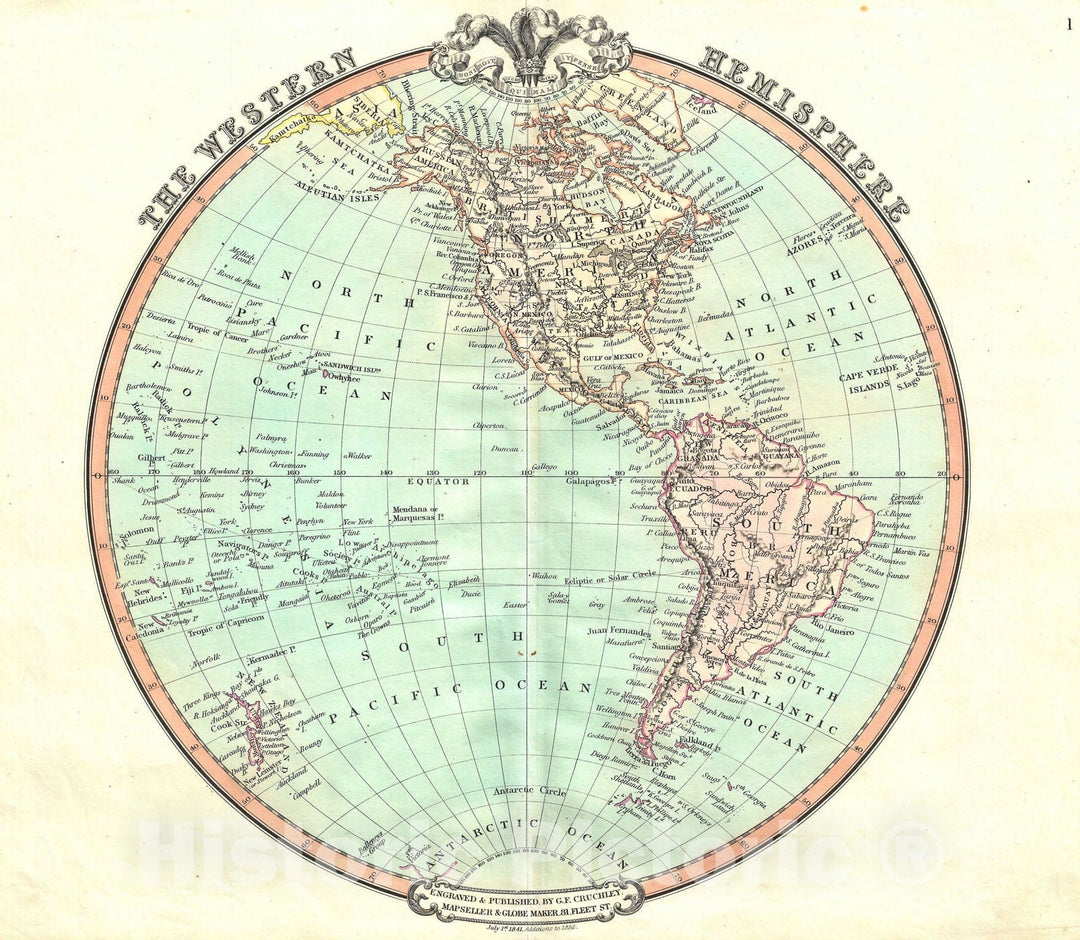 Historic Map : The Western Hemisphere, Cruchley, 1852, Vintage Wall Art