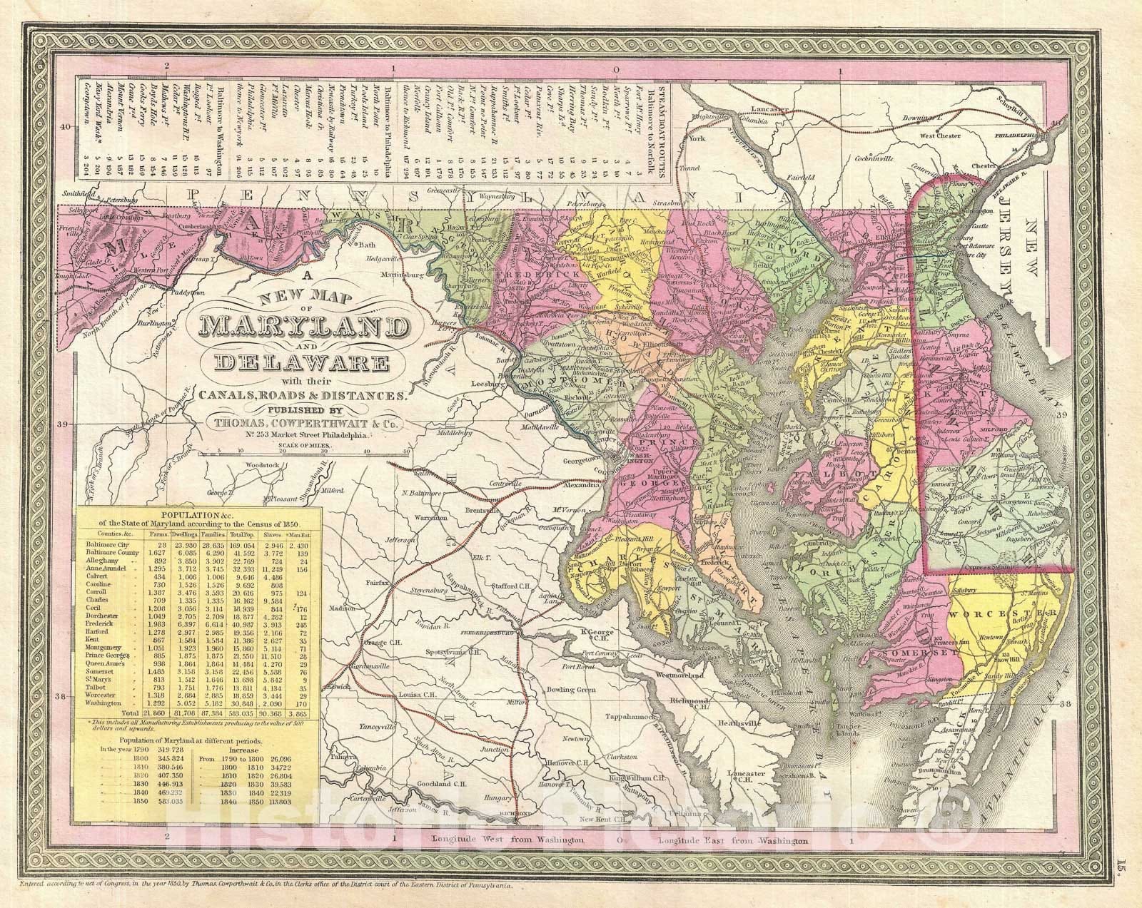 Historic Map : Maryland and Delaware, Mitchell, 1854, Vintage Wall Art